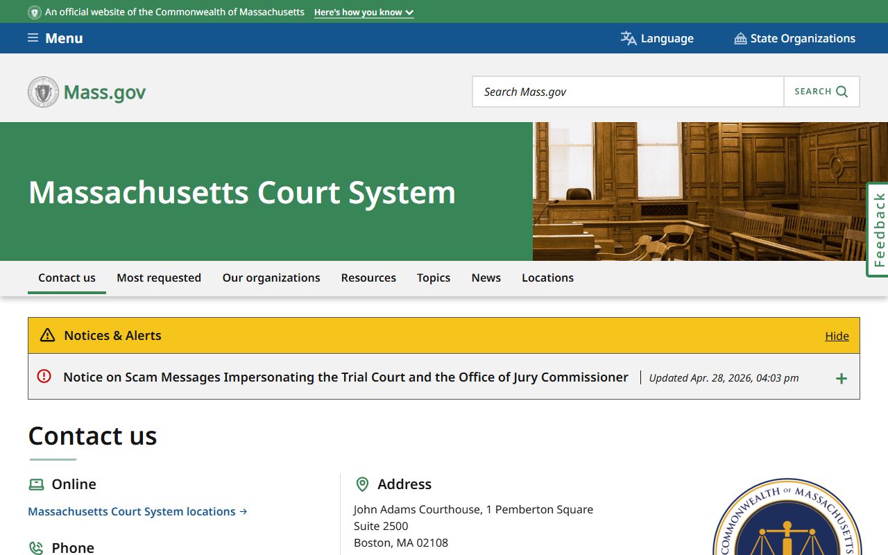 Massachusetts court system landing page for Hampden County court records