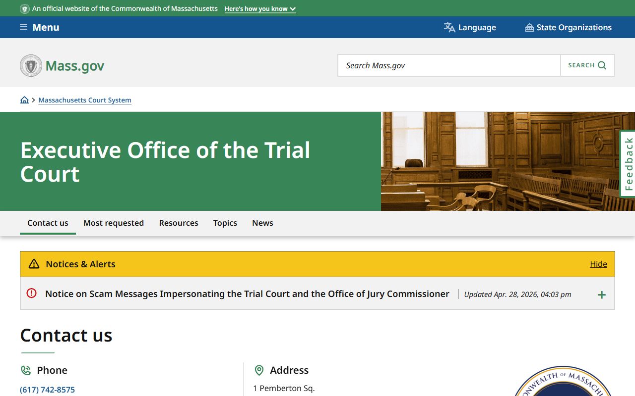 Executive Office of the Trial Court page used for Hampden County court records access