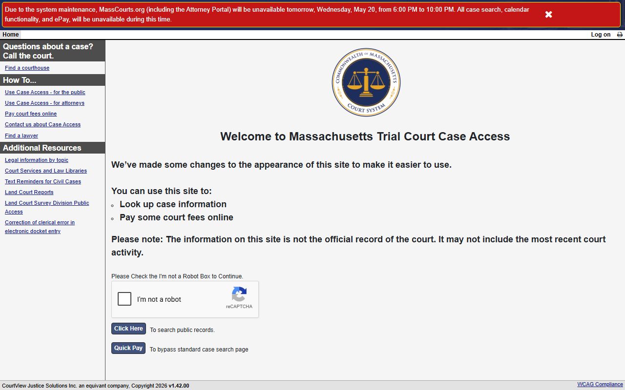Hampden County court records search on the MassCourts eAccess portal