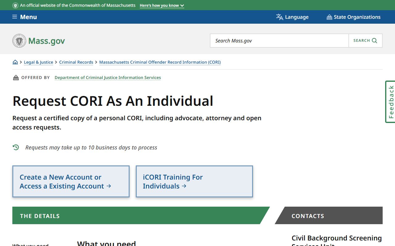 Individual CORI request process for Hampden County criminal records
