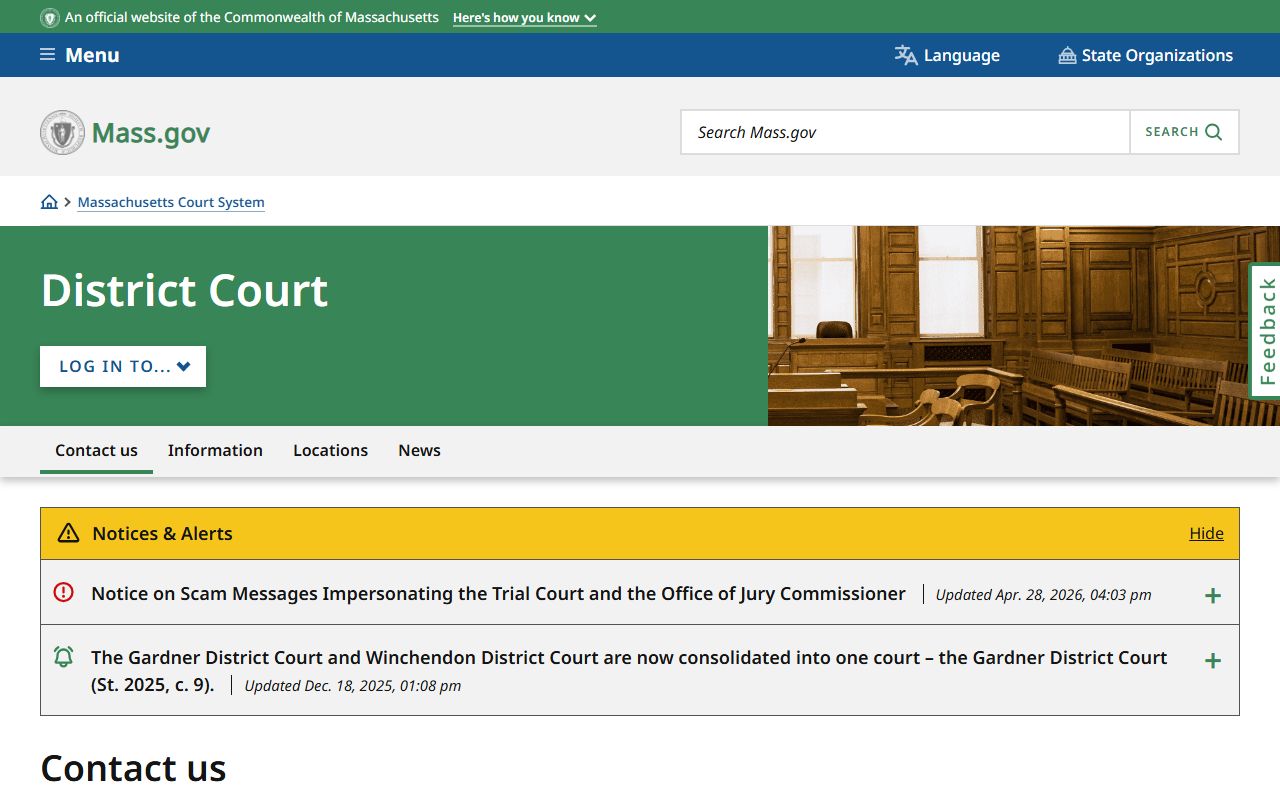 Massachusetts District Court overview for Hampden County clerk of court