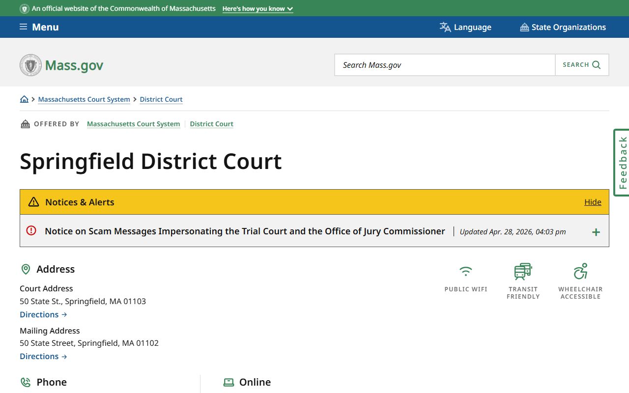 Springfield District Court page for Hampden County clerk of court records