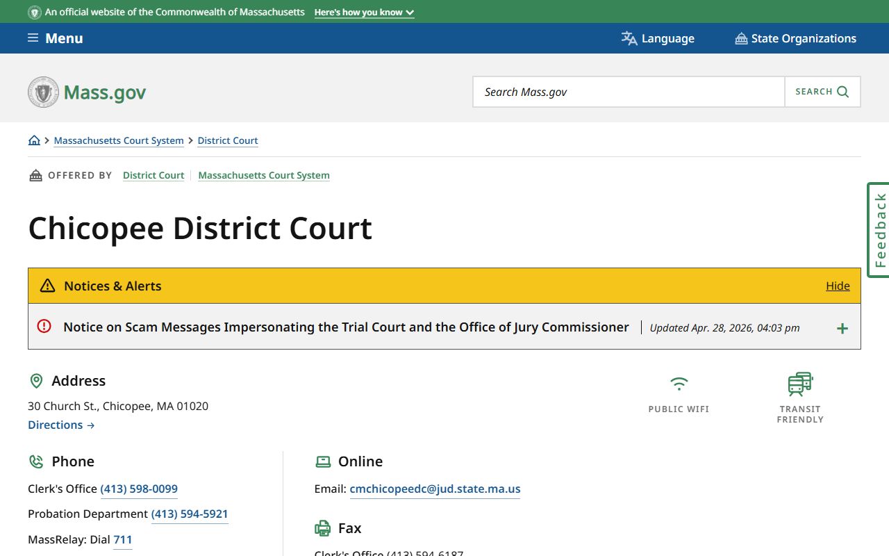 Chicopee District Court page for Hampden County clerk records