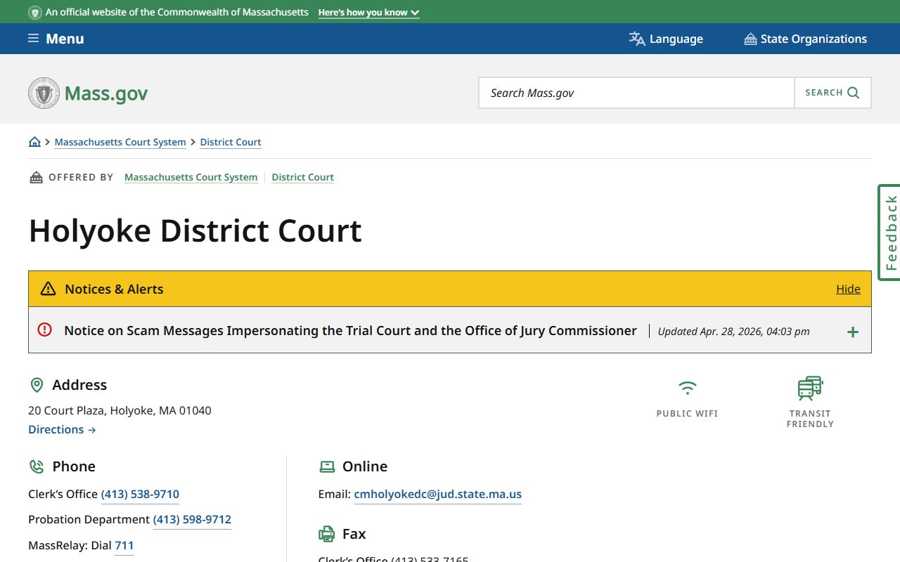 Holyoke District Court page for Hampden County clerk records
