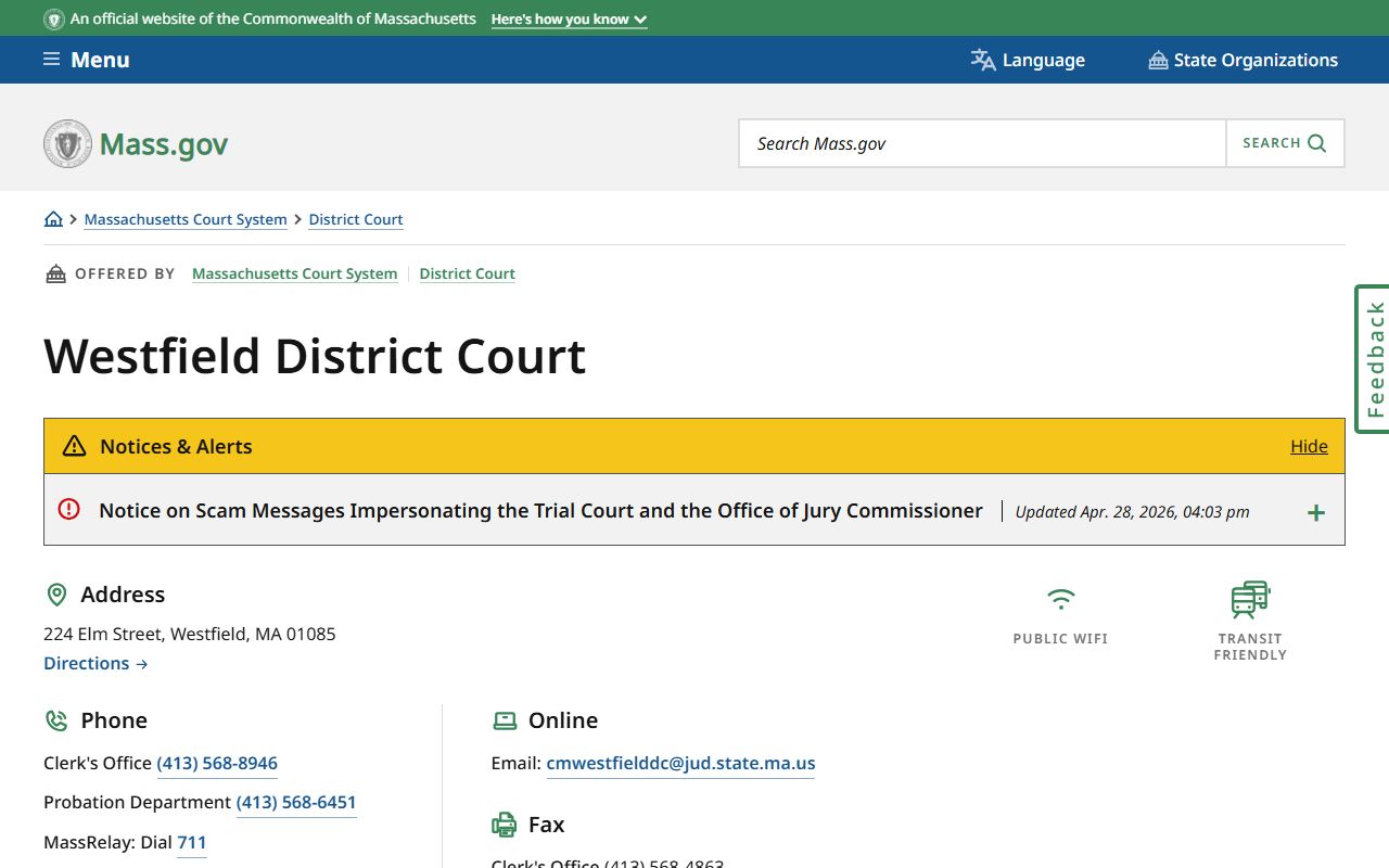 Westfield District Court page for Hampden County clerk of court records