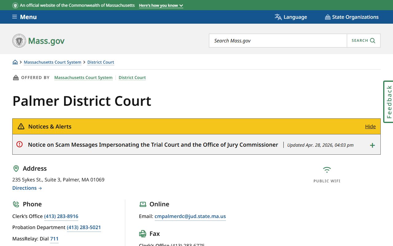Palmer District Court page for Hampden County clerk of court records