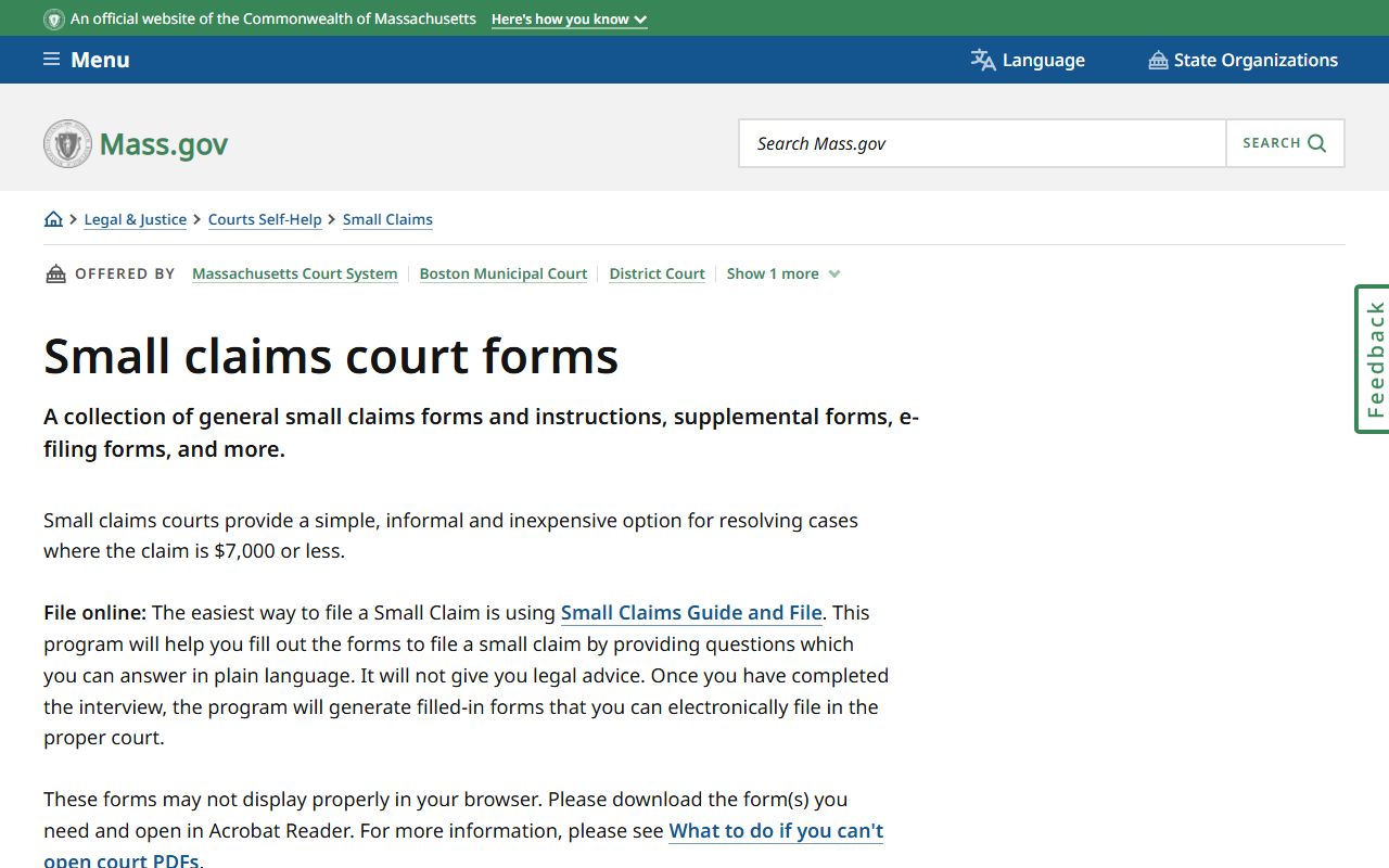 Massachusetts small claims form library for Hampden County clerk filings