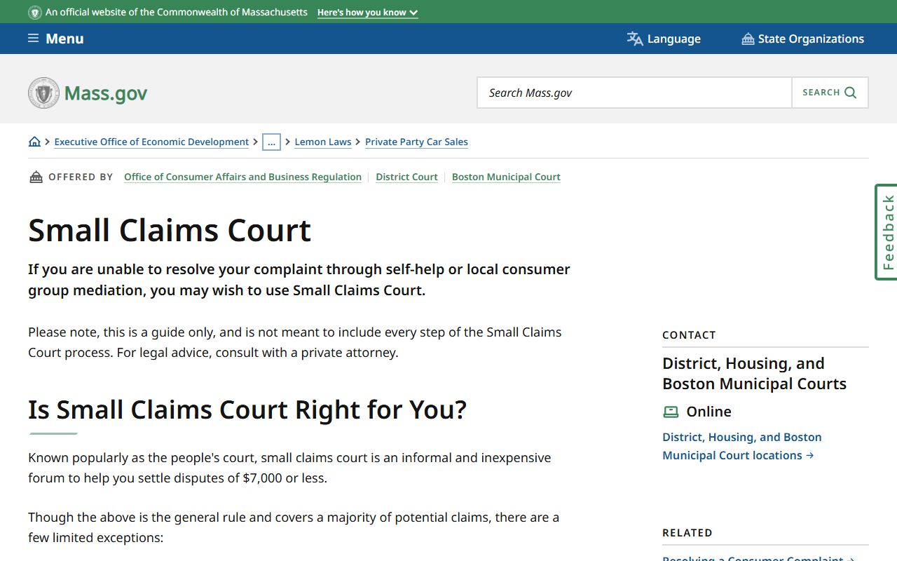 Massachusetts small claims overview for Hampden County clerk of court