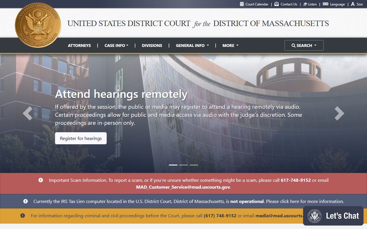 Federal District of Massachusetts site for Hampden County federal court records
