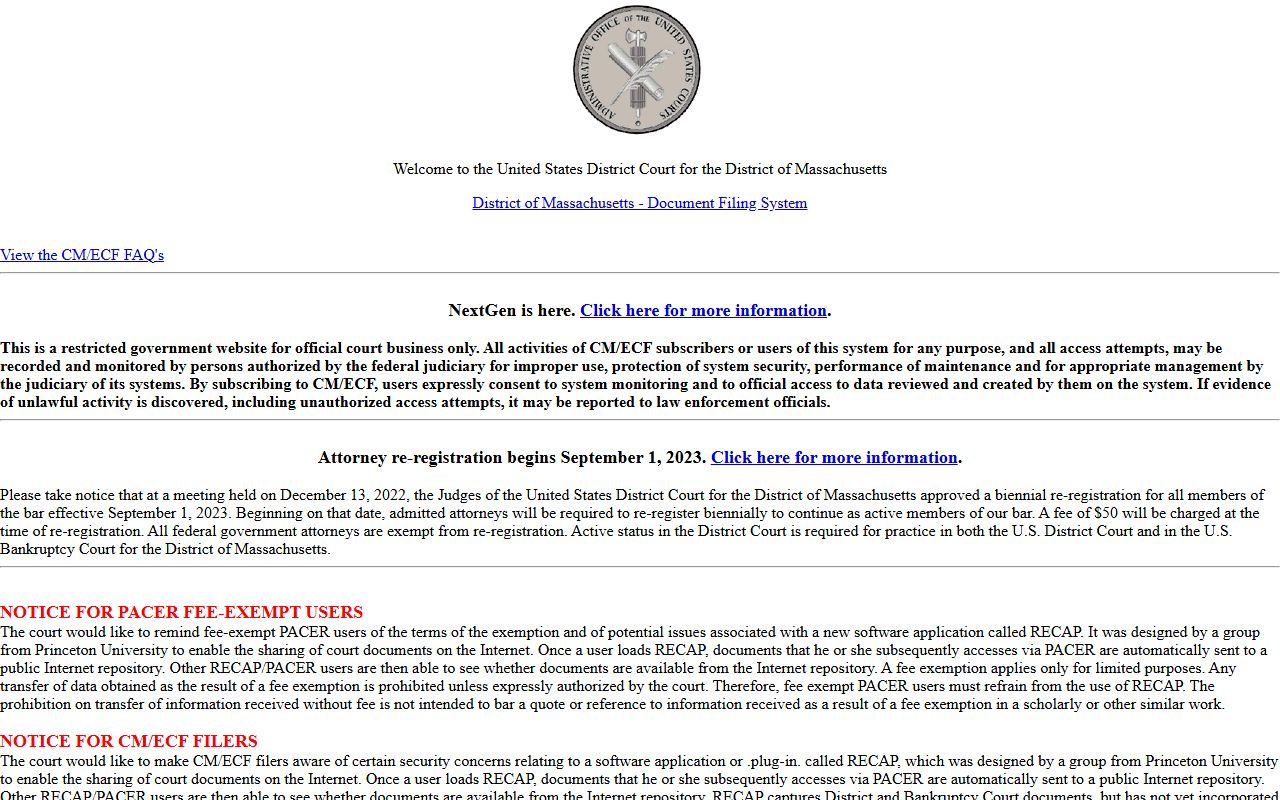 Federal CM/ECF system used for Hampden County federal court records