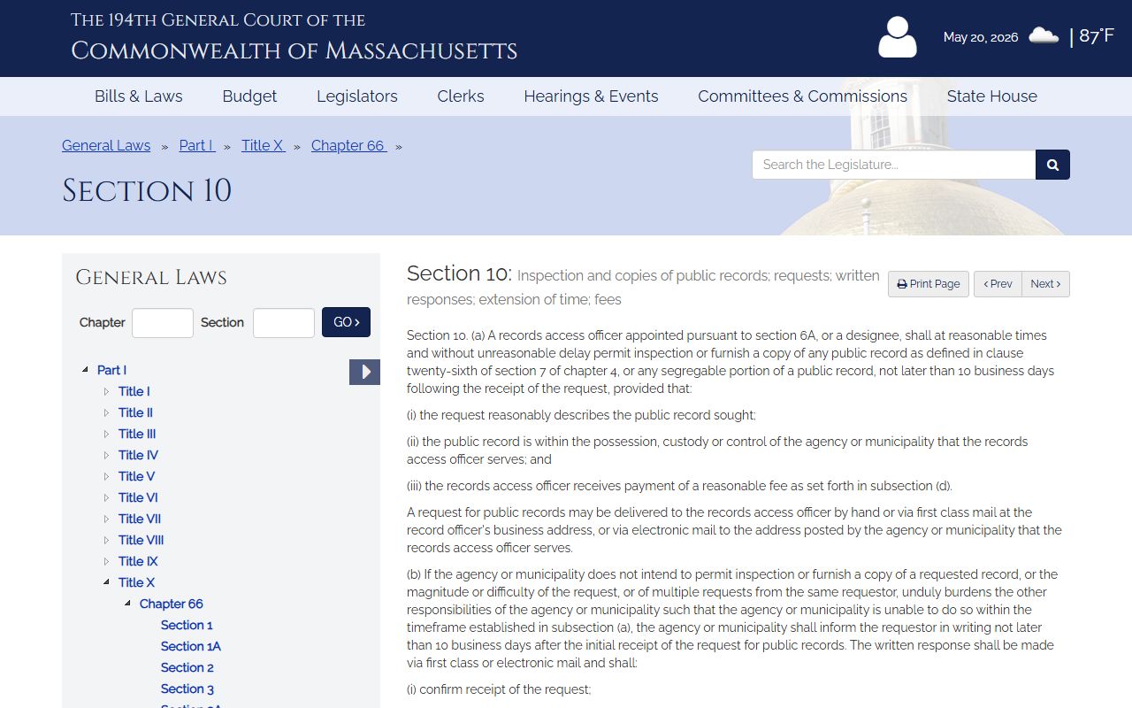 M.G.L. c. 66 section 10 public-records statute for Hampden County public records