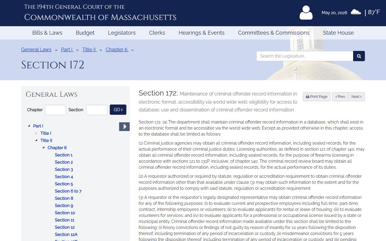 M.G.L. c. 6 section 172 CORI statute for Hampden County records