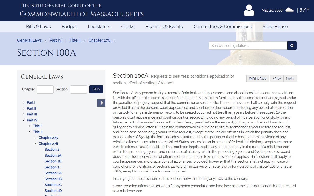 M.G.L. c. 276 sealing statute affecting Hampden County public records