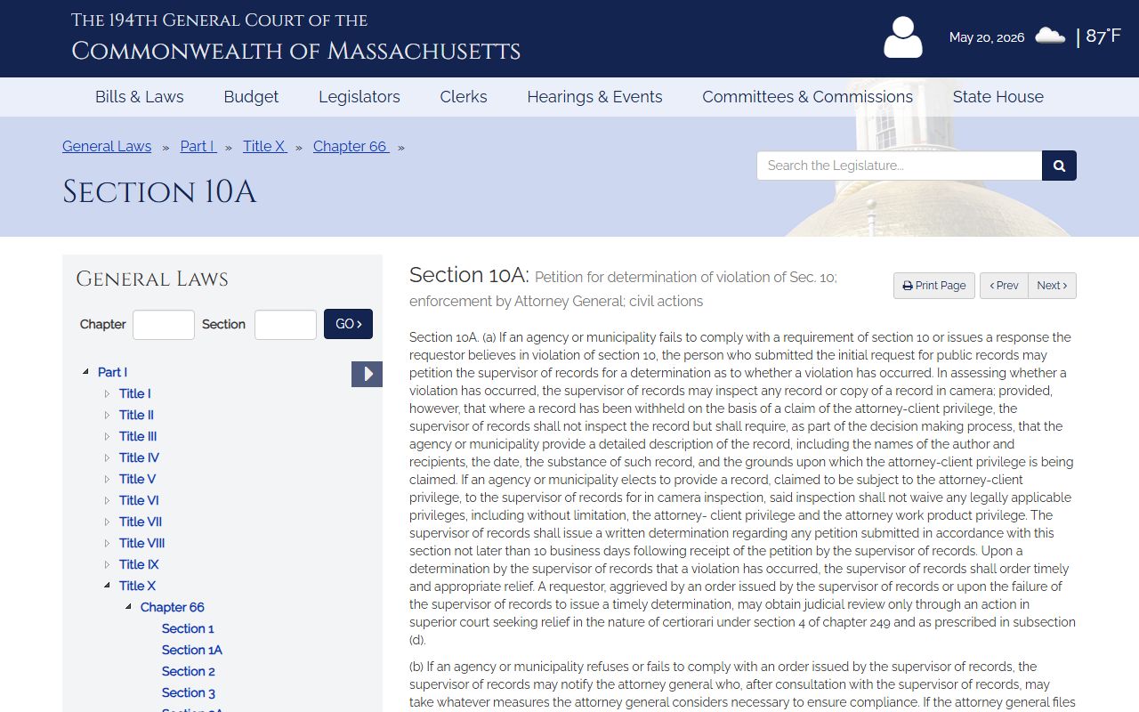 M.G.L. c. 66 section 10A appeal path for Hampden County public records