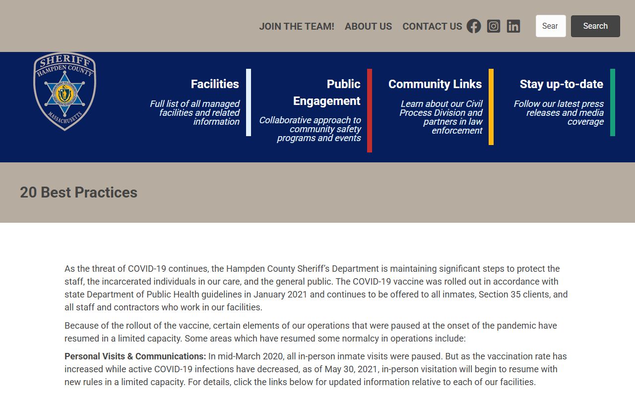 Hampden Sheriff operations update related to Hampden County inmate facilities