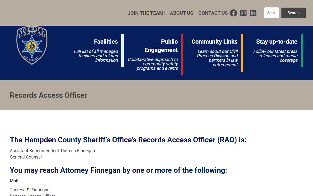 Hampden Sheriff Records Access Officer for Hampden County jail population records