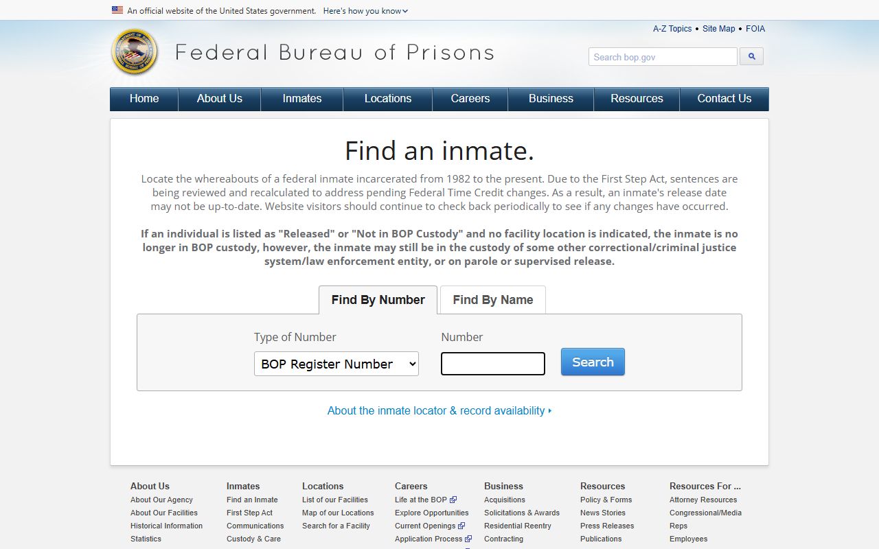 Federal Bureau of Prisons locator used for Hampden County inmate searches