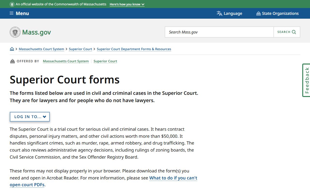 Superior Court form library used for Hampden County Superior Court records