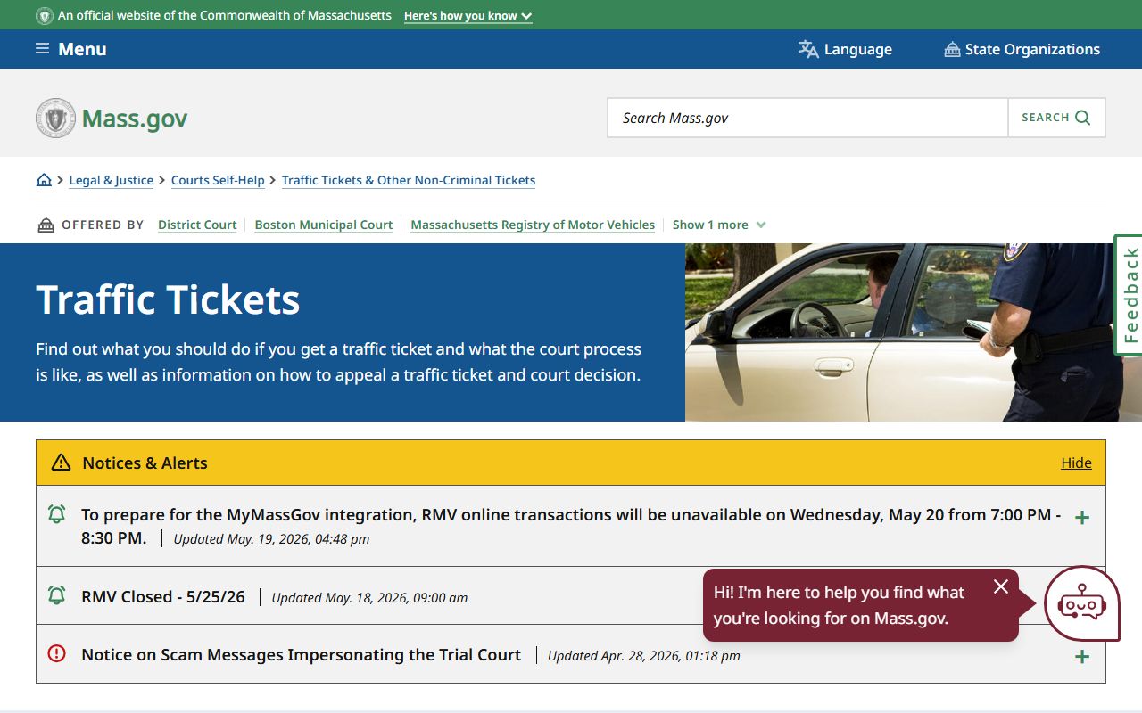 Massachusetts traffic-ticket page used for Hampden County traffic court records