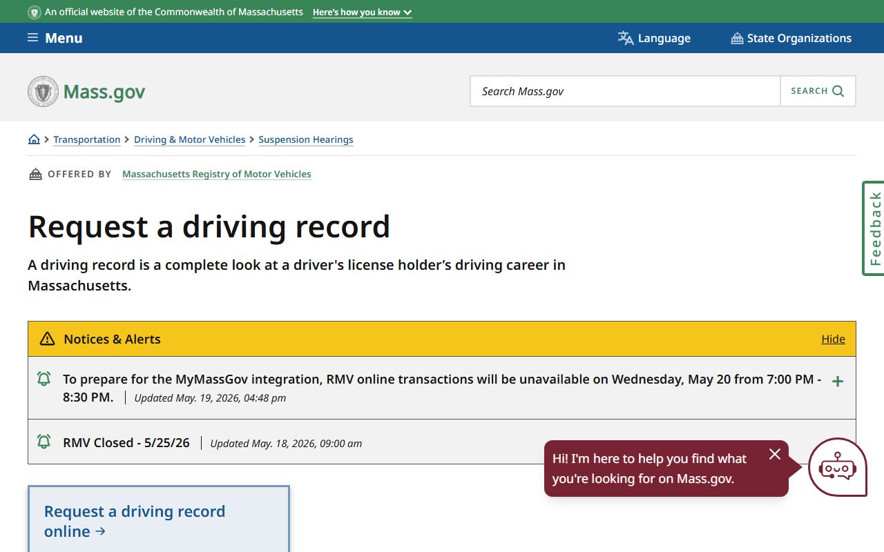 RMV driving record request page related to Hampden County traffic records