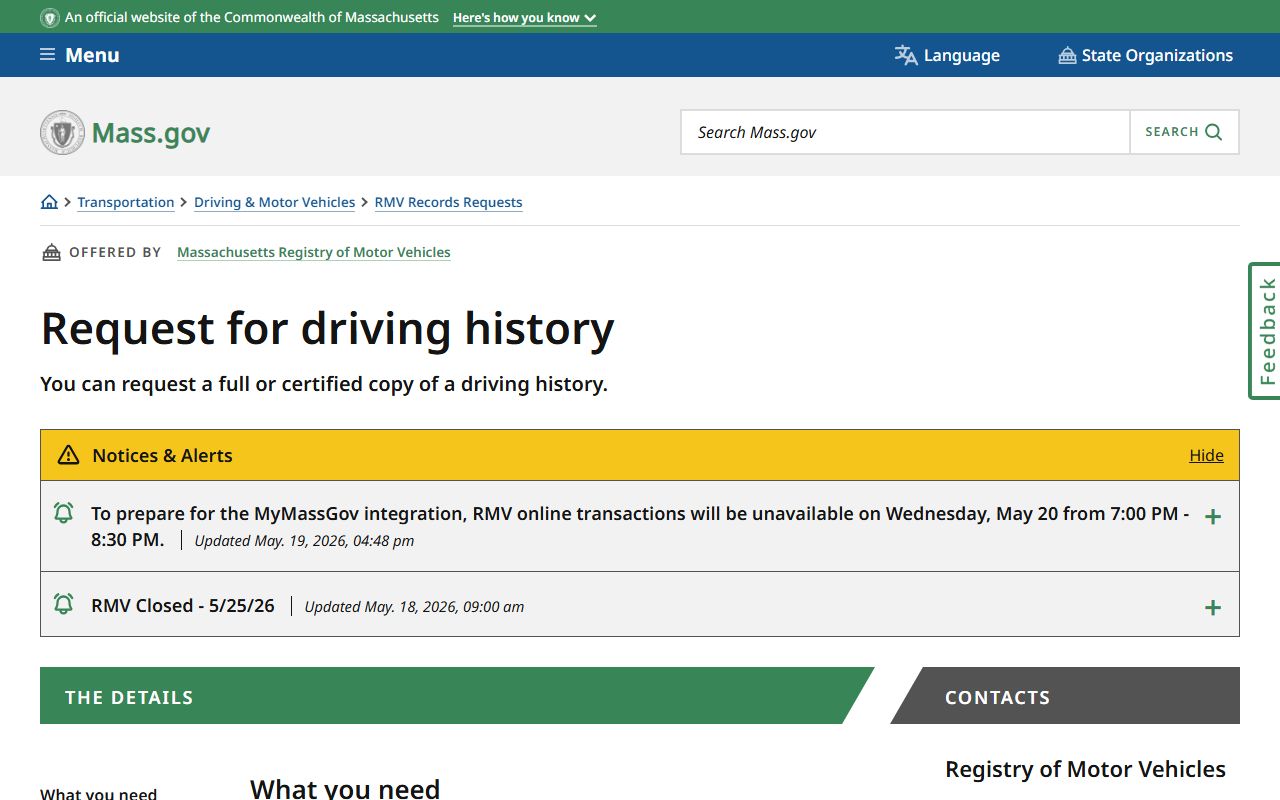 RMV certified driving history request for Hampden County traffic records