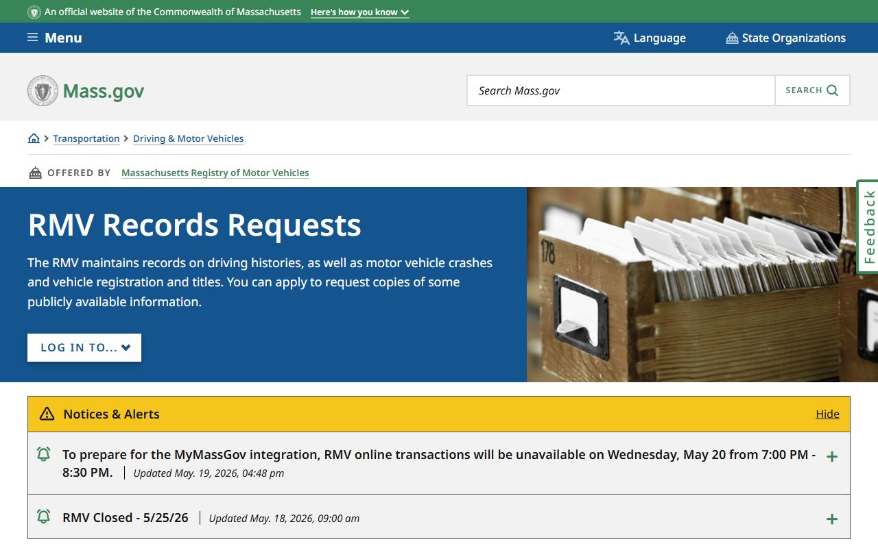 RMV records request landing page for Hampden County traffic records