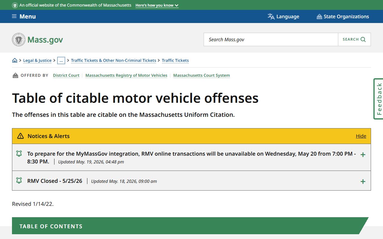 Official table of citable offenses for Hampden County traffic court records